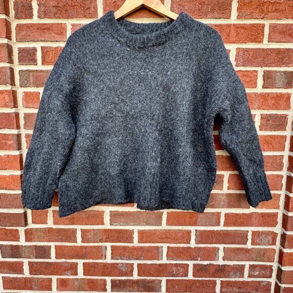 Jenni Kayne Baby Alpaca Wool Sweater LG Dark Gray Cropped Boxy Drop Shoulder - Picture 1 of 9